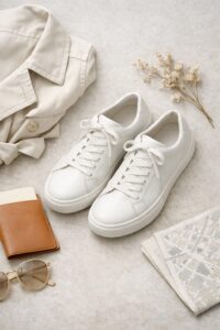 Flat lay of white travel sneakers styled alongside a tan leather passport wallet, sunglasses, and delicate dried flowers on a neutral textured backdrop.
