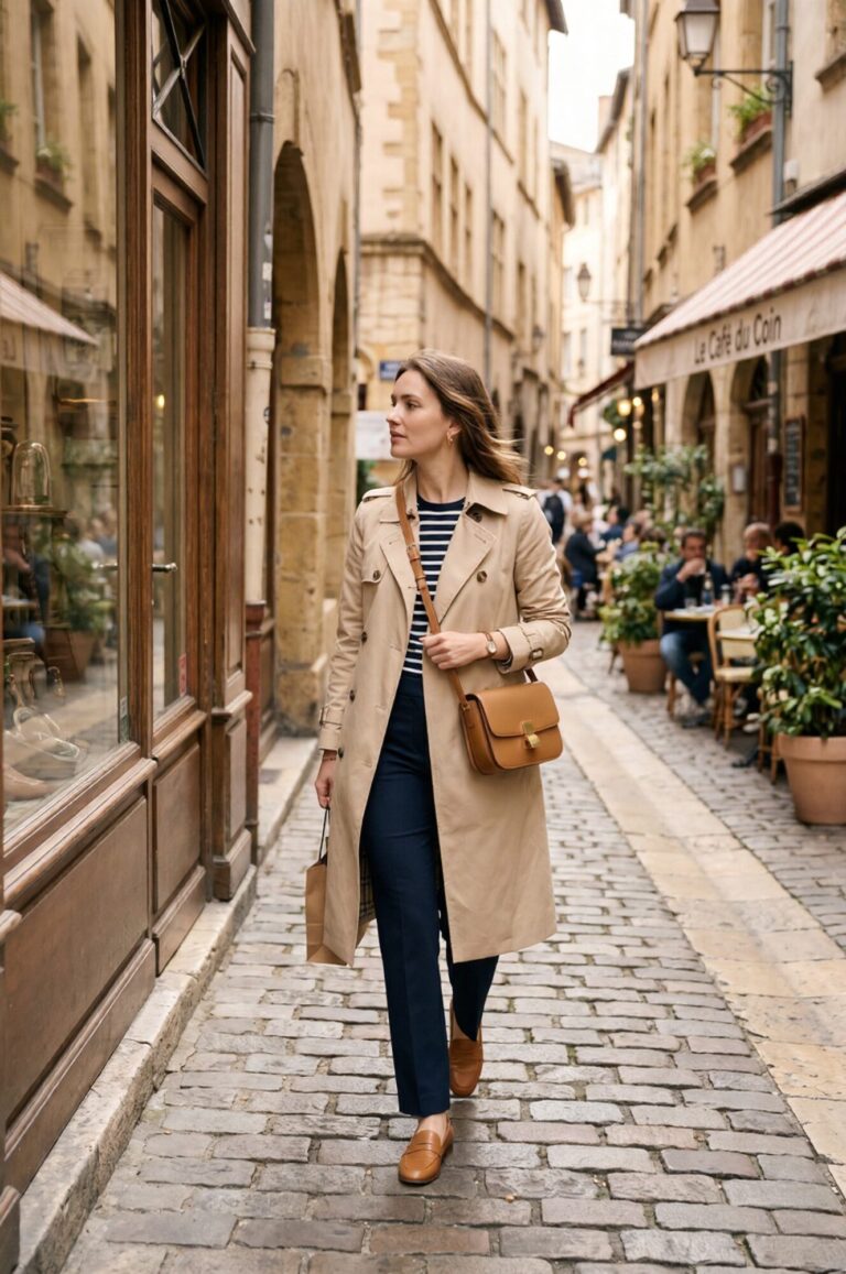 Woman walking through a narrow French cobblestone street in a beige trench coat, Breton stripe tee, navy straight-leg trousers, tan leather loafers and structured tan crossbody bag; polished European travel capsule outfit