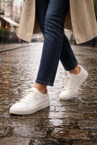 A woman from the waist down wearing dark straight-leg jeans and white waterproof sneakers, walking on a rain-soaked city street.