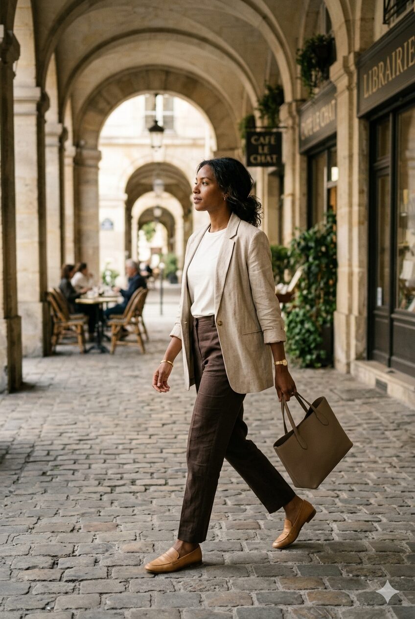 Woman walking through a sun-dappled European stone arcade wearing a sand-colored linen blazer, espresso trousers, and tan loafers.