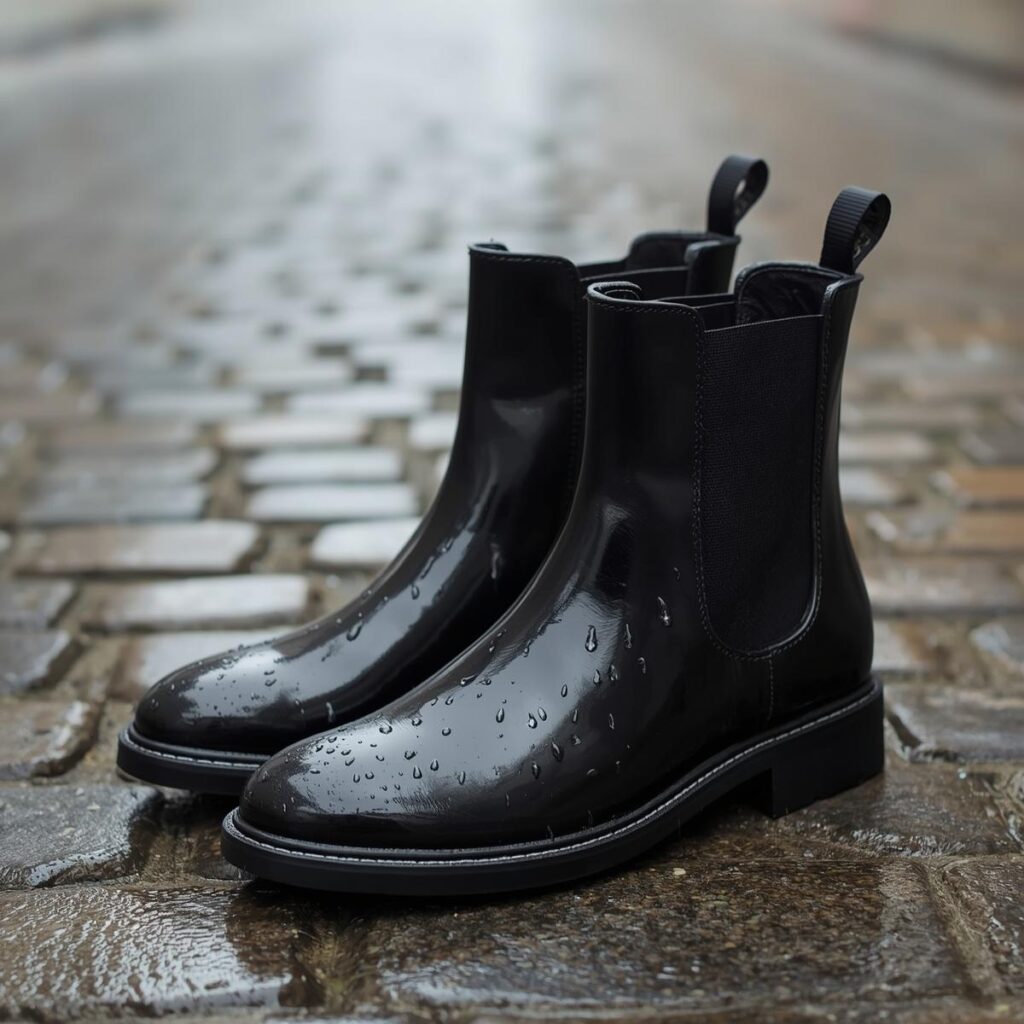 Black waterproof leather Chelsea boots on wet European cobblestones — women's travel footwear.