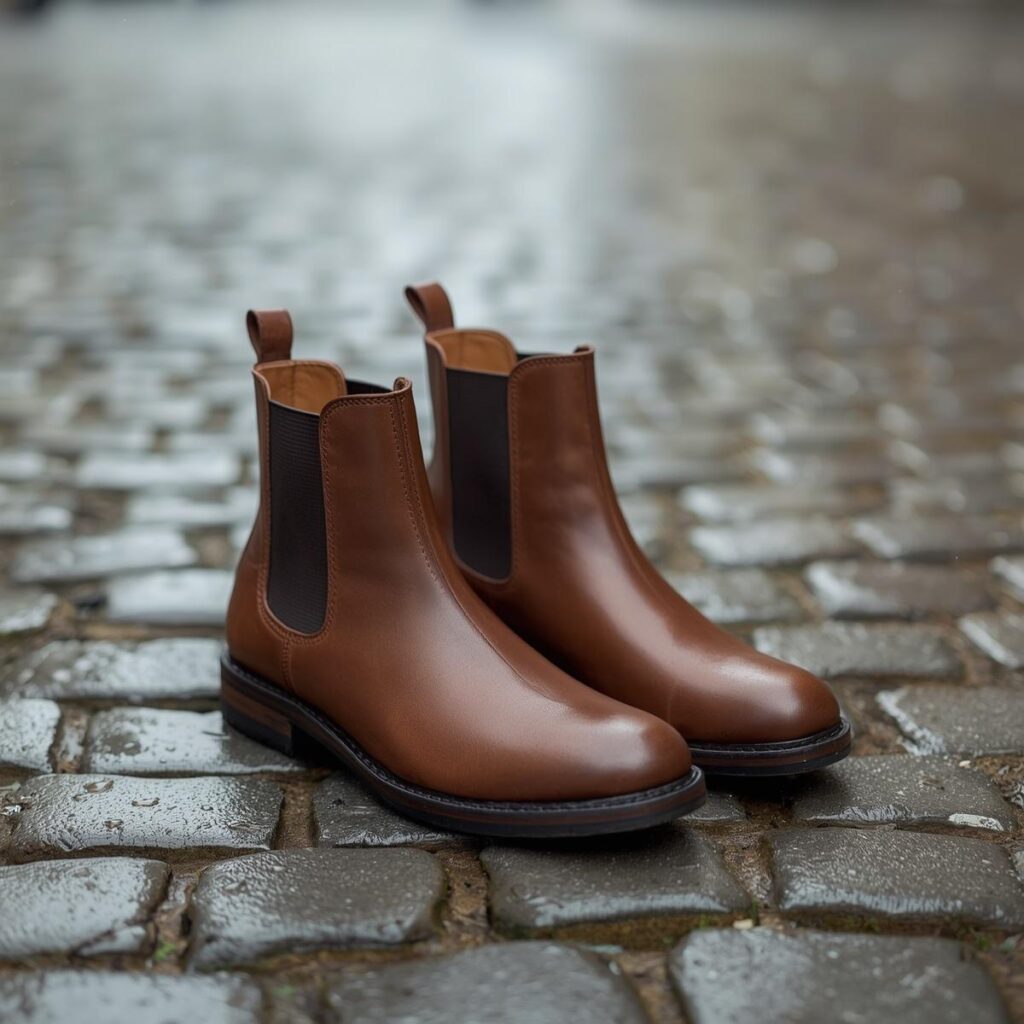 Pair of brown waterproof Chelsea boots for women on a rain-soaked cobblestone path.