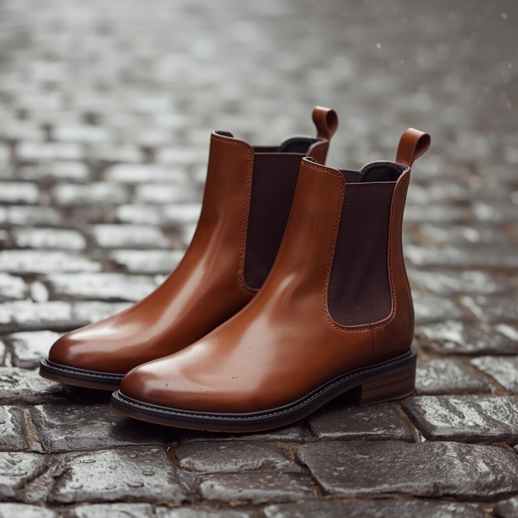 Brown waterproof leather Chelsea boots on a rain-soaked cobblestone path - women's travel style.