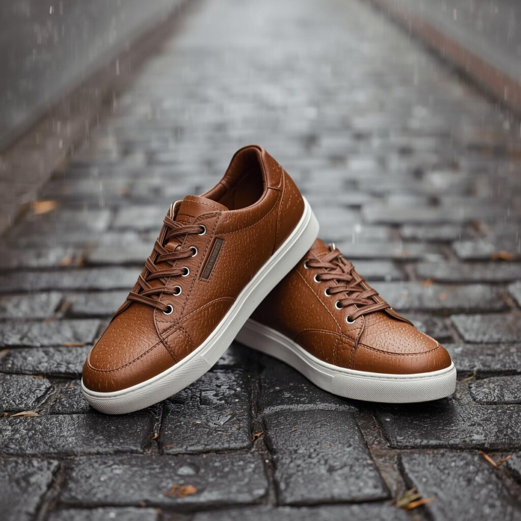 Pair of brown waterproof leather sneakers on a wet cobblestone street.