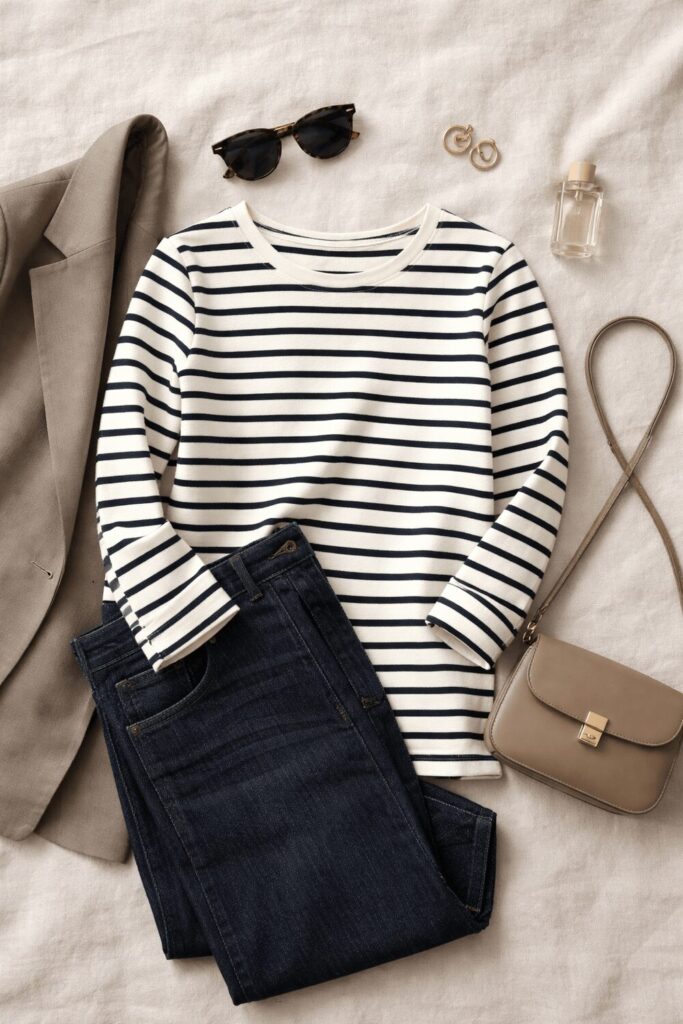 Close-up flat lay of a navy and ivory Breton stripe long-sleeve tee styled with straight-leg dark wash jeans and a small neutral crossbody purse.