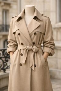 Beige tailored trench coat styled in a Parisian setting with soft neutral tones.