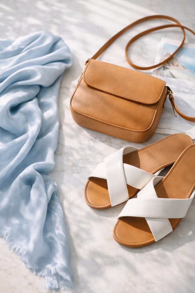 A close-up, top-down photograph on a white marble surface, illuminated by soft coastal morning light from the side. Neatly arranged are a powder-blue silk scarf draped naturally, a minimalist neutral tan leather crossbody bag, and a pair of white leather sandals.