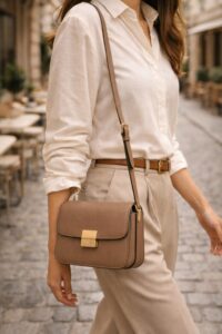 Close-up of a woman wearing beige tailored trousers and a white top, showcasing a medium-sized structured brown leather crossbody bag on a cobblestone street.