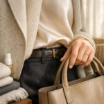 Layered neutral travel outfit with accessories; oatmeal knit, silk camisole, brushed gold jewellery, leather bag.
