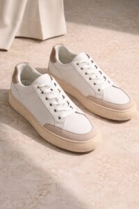 Minimalist leather sneakers placed on a neutral stone surface with soft shadows.