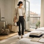 A woman stands by a sunlit window in a neutral outfit featuring a sand-colored linen blazer, dark tailored trousers, and white sneakers, with luggage nearby.