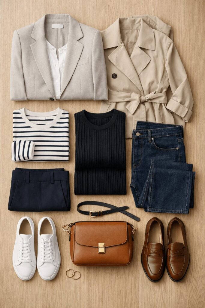 Flat-lay layout of a European travel capsule wardrobe featuring a grey blazer, striped long-sleeve tee, black sweater, dark denim, brown leather handbag, and white sneakers.