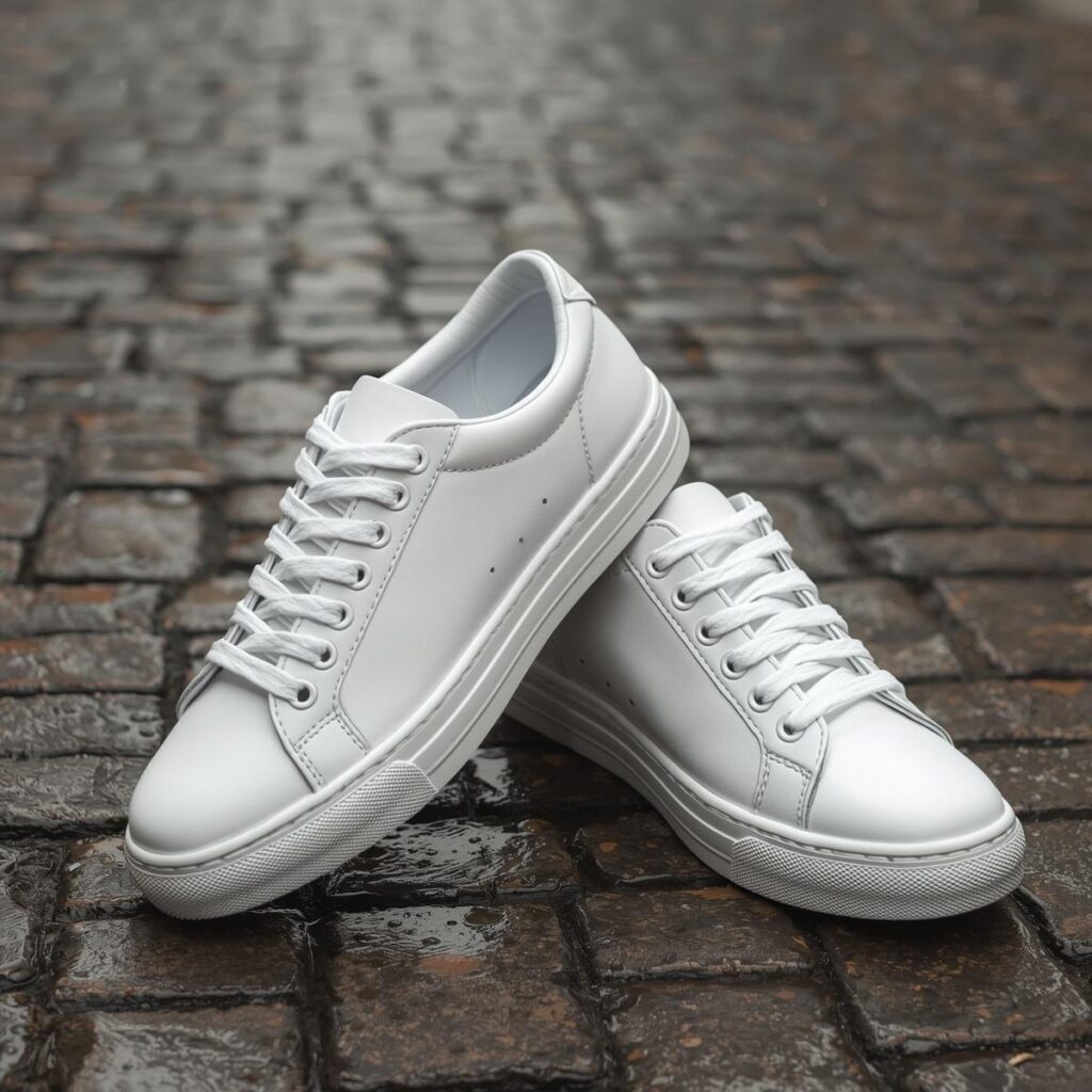 Pair of white treated leather sneakers on a rain-soaked cobblestone path.