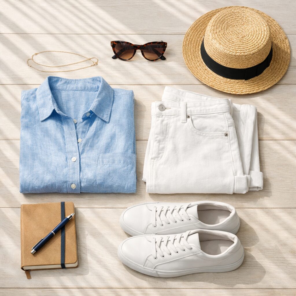 A minimalist travel capsule wardrobe flat lay on a light wood floor, bathed in diagonal slats of coastal morning sunlight. Featured items include a folded pale blue linen button-down shirt, white denim jeans, minimalist white leather sneakers, a straw boater hat with a black ribbon, tortoiseshell sunglasses, two gold necklaces, and a small kraft-paper journal with a pen.
