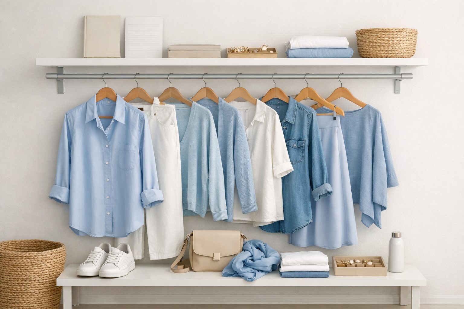 Minimalist travel capsule wardrobe in soft blue and white tones on a wall-mounted rail with linen shirts, knit cardigan, denim jacket, white trousers, beige crossbody bag, white sneakers, blue scarf and gold jewellery tray styled on a white shelf