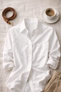White button-down shirt styled in a minimalist flat lay with neutral accessories.