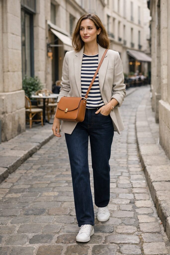 A woman walking down a European cobblestone street wearing a beige striped blazer, dark wash straight-leg jeans, and a structured tan leather crossbody bag.