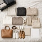 A curated flat lay of a European travel capsule wardrobe including a linen blazer, an ivory cotton tee, tan loafers, a structured leather tote, and dark trousers.