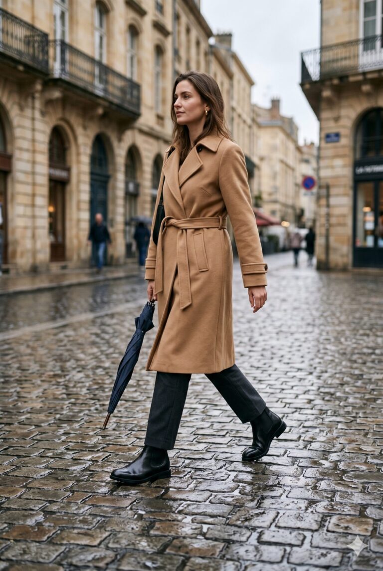 Woman walking on rain-wet European cobblestone street in a belted camel wool coat, dark charcoal trousers and black waterproof Chelsea boots, holding a folded navy umbrella - stylish rainy day travel outfit