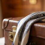 Editorial shot of a folded cream and navy blue patterned silk scarf draped over the corner of a well-traveled vintage leather suitcase.