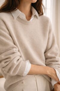 Neutral knit sweater with soft texture, styled in a minimalist indoor setting.