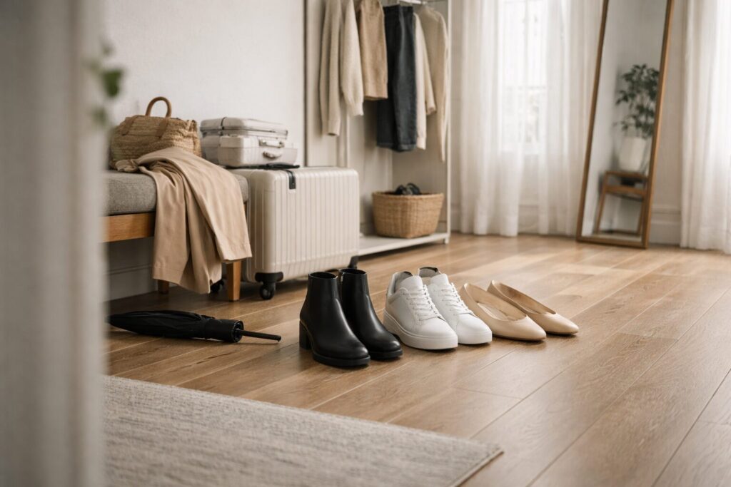 A minimalist house entryway featuring a light wood floor, a neutral bench with a beige blanket, and a neat arrangement of travel shoes including white sneakers and black ankle boots.