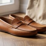 A high-end editorial close-up of a pair of tan pebble-grain leather driving loafers sitting on a polished herringbone wood floor.