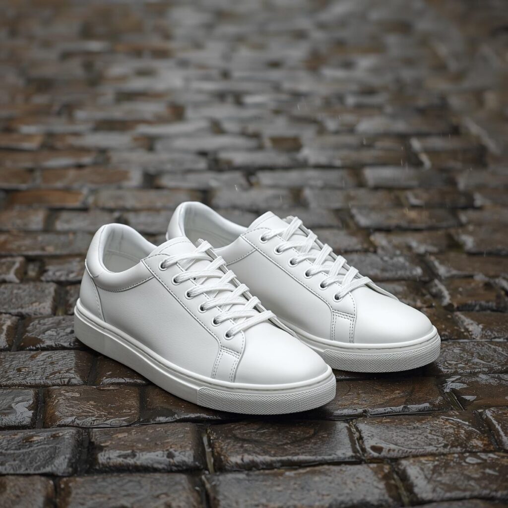 Pair of white waterproof leather sneakers on a rain-soaked cobblestone path.