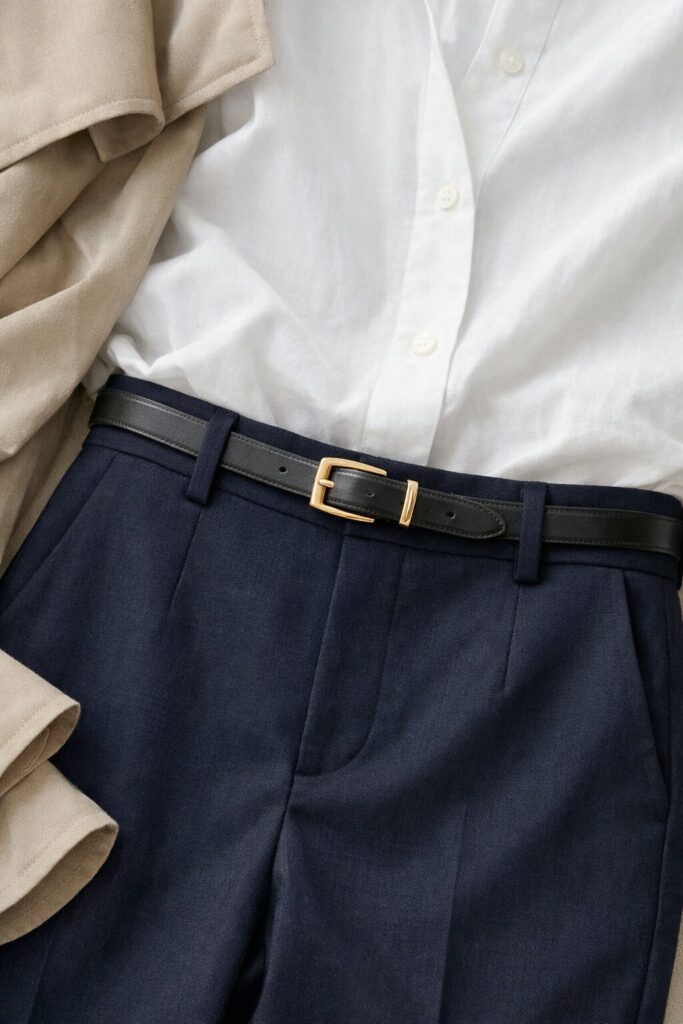 Close-up detail of a crisp white button-down shirt tucked into navy blue tailored ankle trousers accented with a slim dark leather belt with a gold buckle.