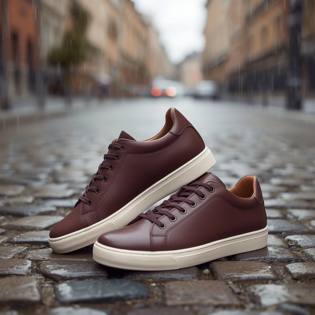Dark brown waterproof leather sneakers on a wet cobblestone street.
