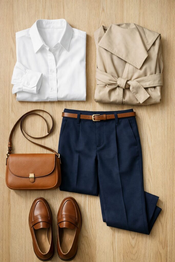 Flat lay of a Parisian travel capsule wardrobe featuring a crisp white button-down shirt, camel trench coat, navy tailored trousers with a brown belt, brown leather loafers, and a structured tan crossbody bag.