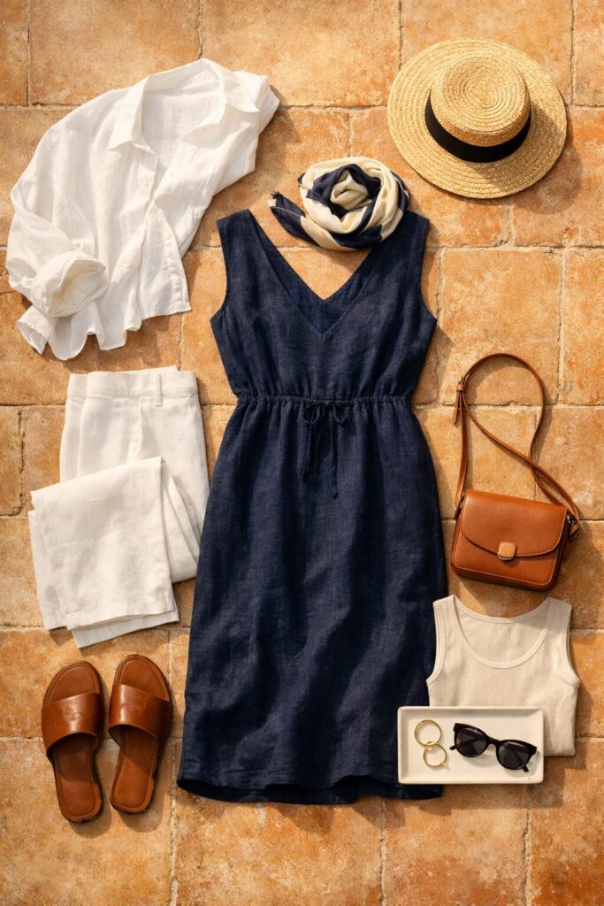 Flat lay of an Italian summer capsule wardrobe featuring a navy linen midi dress, white wide-leg trousers, and leather accessories.