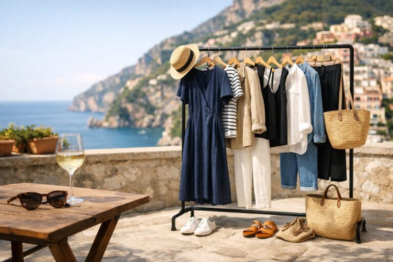 Amalfi Coast capsule wardrobe on a black clothing rack with navy wrap dress, linen blazer, white trousers, denim jacket, straw tote bags, sandals and sneakers on a sun-drenched Italian terrace overlooking the sea