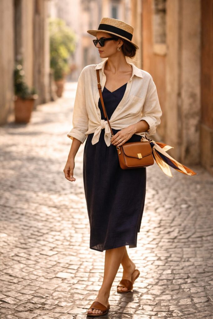 Woman wearing a navy linen midi dress and a cream oversized linen shirt walking down a sun-drenched Italian street.