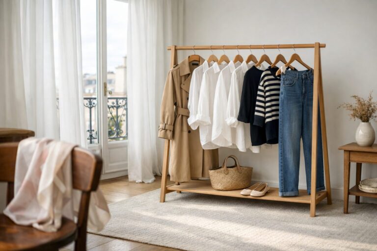 French girl spring capsule wardrobe on a wooden clothing rack with camel trench coat, white linen shirts, navy Breton stripe sweater and straight-leg jeans, styled in a Parisian apartment with balcony doors and cream ballet flats