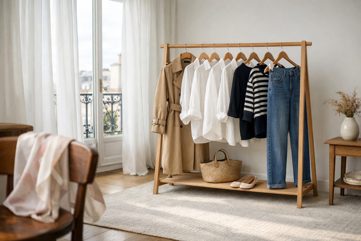 French girl spring capsule wardrobe on a wooden clothing rack with camel trench coat, white linen shirts, navy Breton stripe sweater and straight-leg jeans, styled in a Parisian apartment with balcony doors and cream ballet flats