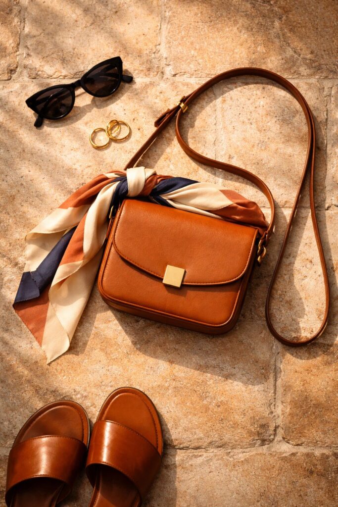 Close-up of a tan leather crossbody bag paired with a patterned silk scarf and cat-eye sunglasses for a summer vacation.