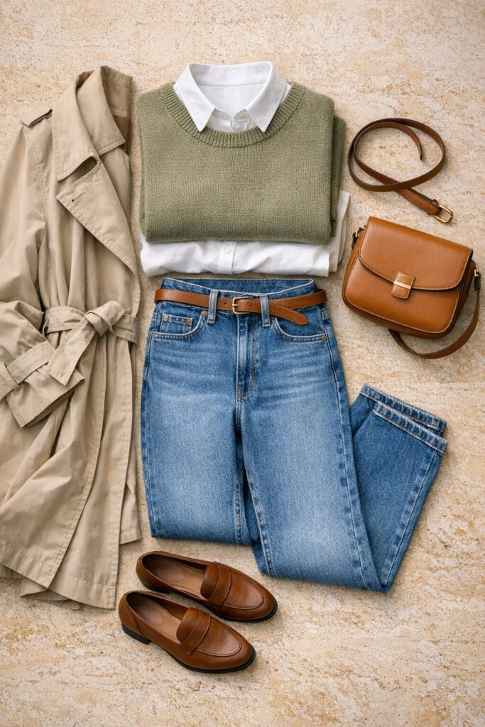 Italy travel outfit flat lay with straight-leg jeans, knit sweater, white shirt, beige trench coat and leather loafers