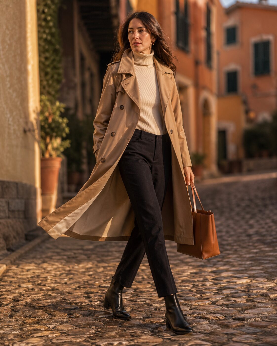Woman in camel trench coat walking on cobblestone street in Italy during golden hour, styled with cream turtleneck and black ankle boots