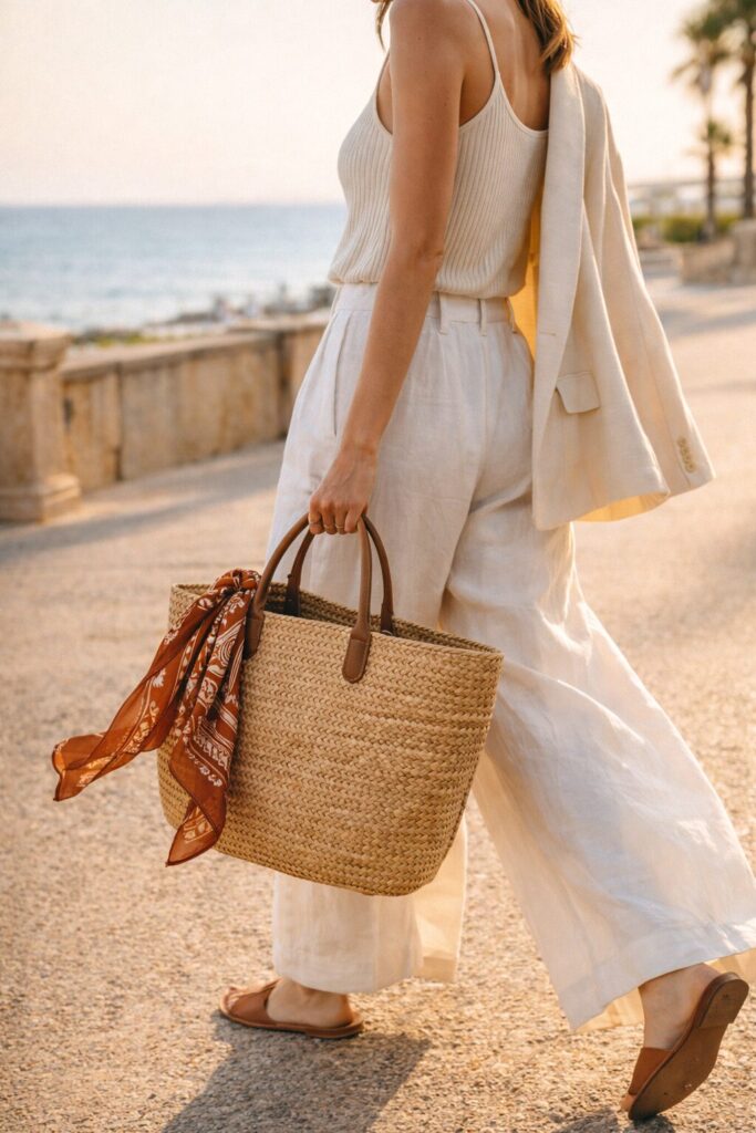 woman wearing linen trousers and blazer walking along a Barcelona seaside promenade in summer