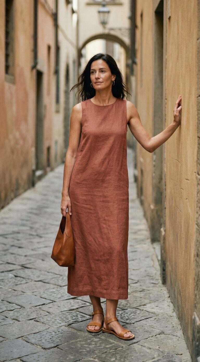 Woman in ochre linen blazer walking through a narrow Florentine vicolo at golden hour — Tuscany capsule wardrobe guide