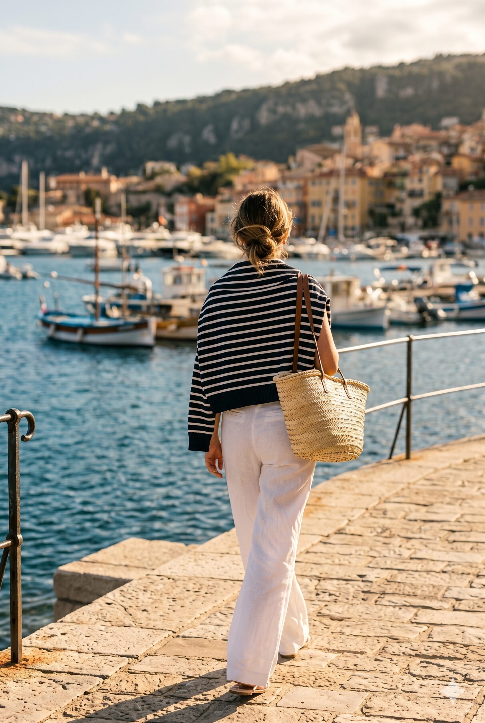A woman seen from behind walking along a sunny stone promenade by a harbor on the French Riviera, wearing white wide-leg linen pants, a navy and white striped sweater draped over her shoulders, and carrying a woven straw tote bag.
