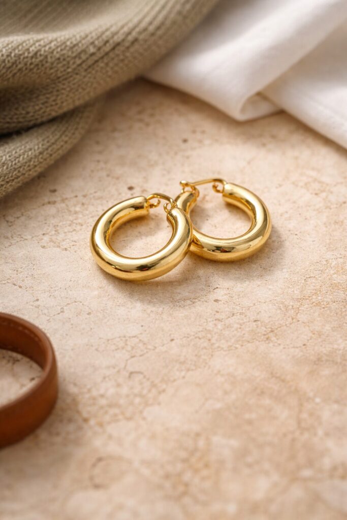 Gold chunky hoop earrings styled on travertine with knit fabric and neutral textures for Italy capsule wardrobe accessories
