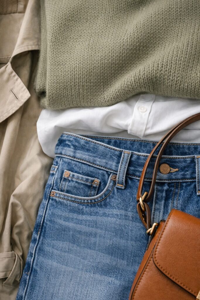 Close-up of Italy capsule outfit textures showing denim jeans, white shirt and knit sweater layering