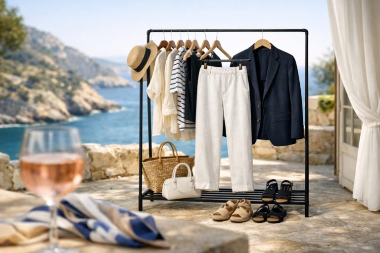 French Riviera capsule wardrobe on a sunlit terrace with linen trousers, navy blazer and coastal Mediterranean view