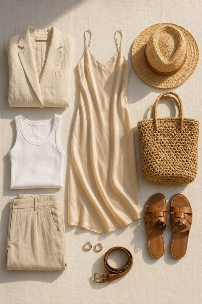 Tuscany capsule wardrobe flat lay with linen blazer, silk slip dress, straw hat, raffia tote, sandals and neutral basics