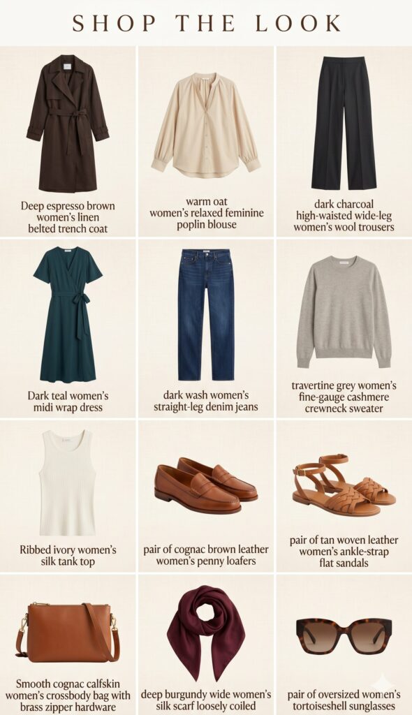 Rome & Lazio women's travel capsule wardrobe shop the look grid- 12 pieces for the Eternal City Shop the Look: A 12-piece women's travel capsule wardrobe for Rome and Lazio, Italy, featuring a pine green linen trench coat, warm oat blouse, charcoal trousers, wrap dress, dark jeans, cashmere sweater, silk tank, loafers, walking sandals, crossbody bag, scarf, and sunglasses, arranged on a cream linen background.
