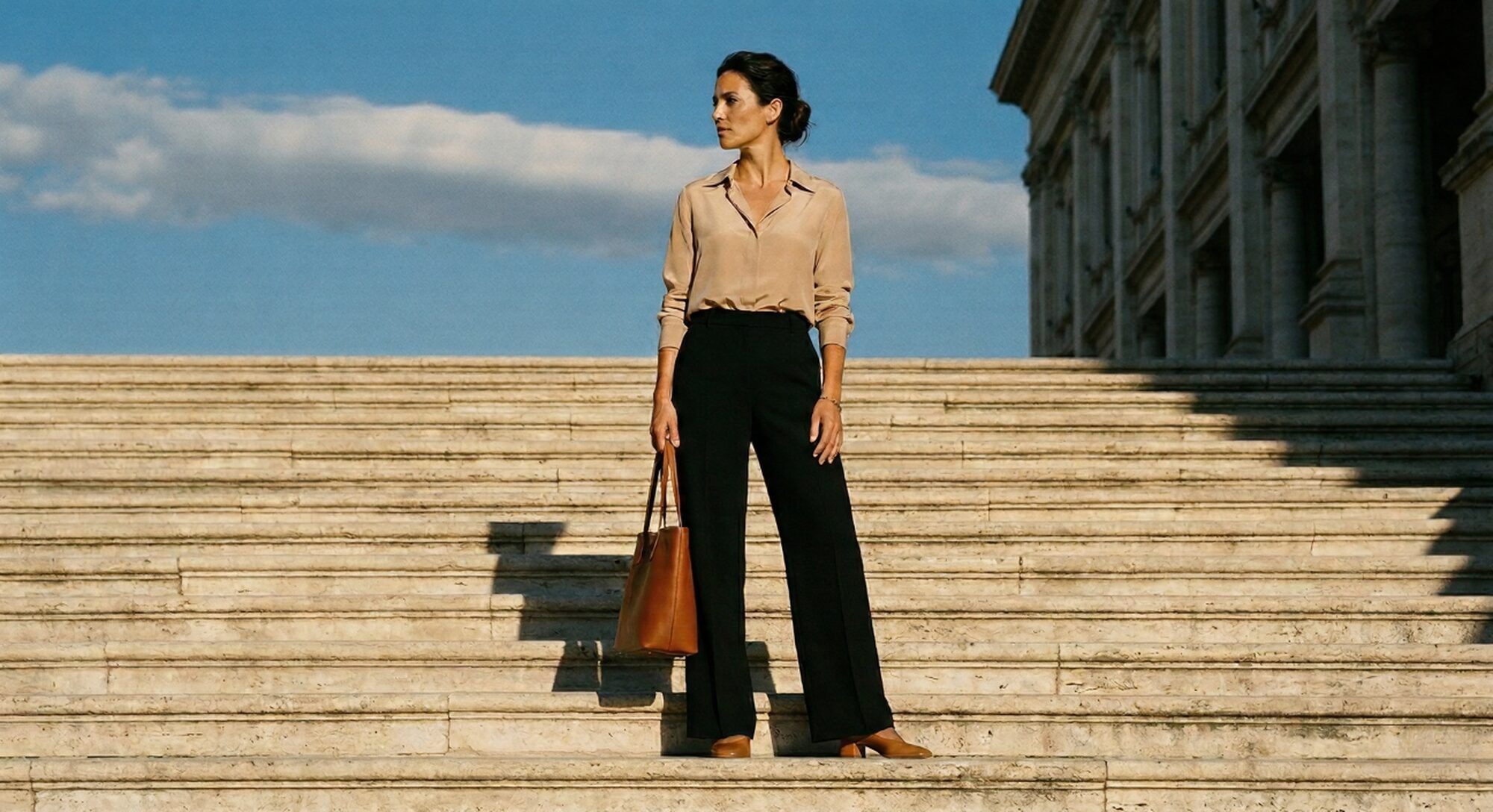 A woman standing on stone steps in Rome, wearing a warm-toned shirt and dark trousers, holding a leather bag, with historic buildings in the background.
