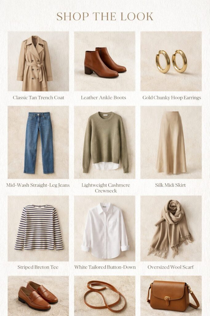 Italy shoulder season capsule wardrobe grid featuring tan trench coat, straight-leg jeans, knit sweater, white shirt, leather loafers, ankle boots, crossbody bag and accessories