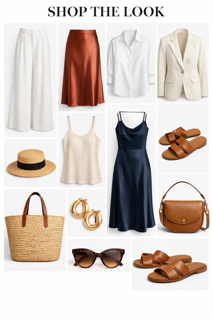 Hero Image: 12-piece Spanish summer travel capsule featuring white linen trousers and a terracotta silk skirt on a Madrid rooftop.